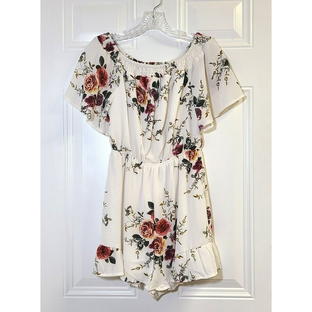 Parisian Romper Size 4 Floral Off Shoulder Multicolor Short Sleeve Ruffle Hem